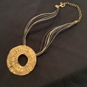 Chico's Gold Textured Round Pendant Necklace with Multi-Strand Cord